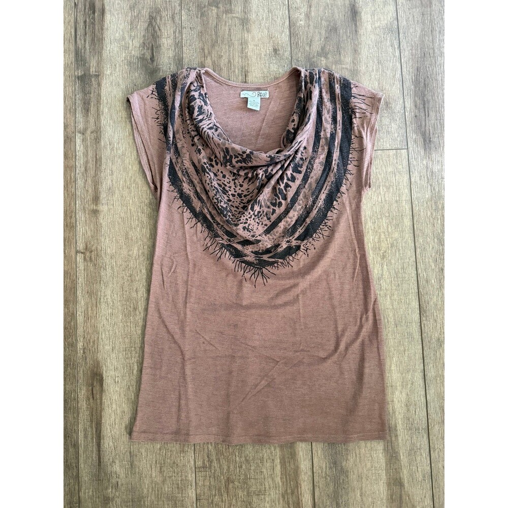 Y2K Brown Cowl Neck Graphic Animal Print Top RXB Size Small